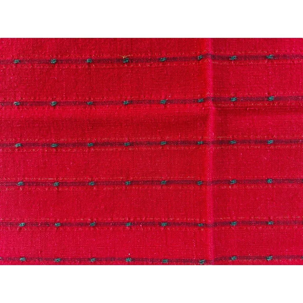 Set Of 4 Handmade Woven Red Placemats & Napkins Fringe Edges & Green Accent